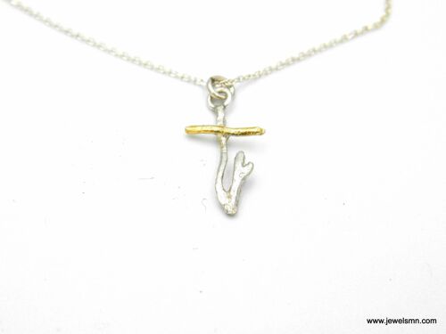 Small twig Cross necklace with Chain in Silver & Gold. Sterl