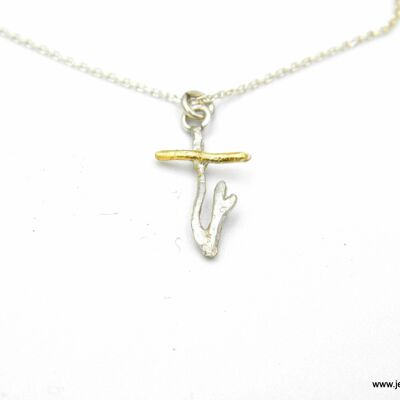 Collana piccola croce ramoscello con catena in argento e oro. sterlina