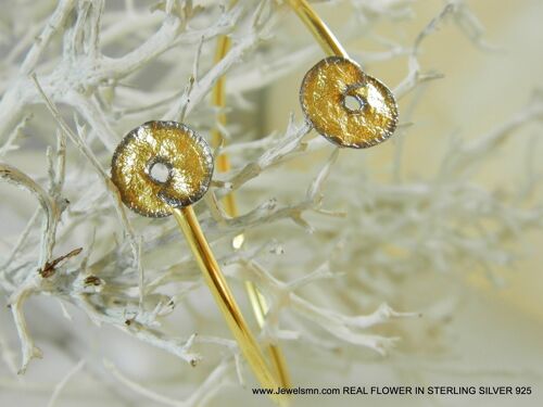 Gold bracelet spiral disc leaf on sterling silver, cuff