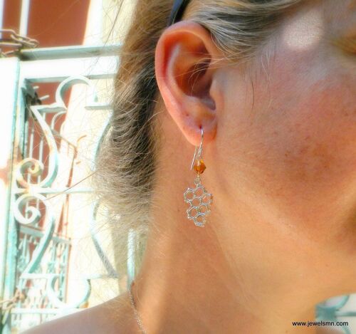 Sterling Silver honeycomb earrings, hexagon Bee earrings, Br