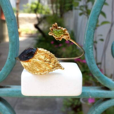 Brazalete de Hoja de Oro para mujer con Hoja de Rosa y Flor de Margarita