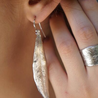 Dangle Statement Long Olive Leaf Earrings on Sterling Silver