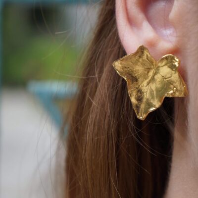 Ivy leaf stud Earrings for Women, 14k Gold on Sterling Silve