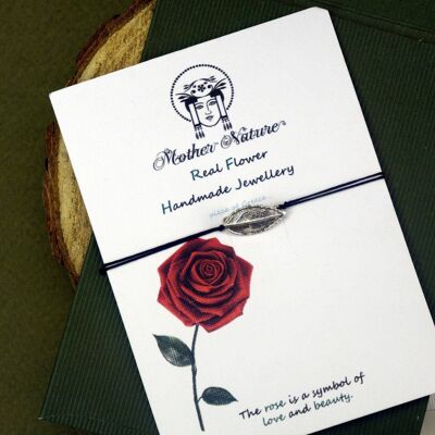 Rose Leaf Bracelet, Sterling Silver, wax cord bracelet.