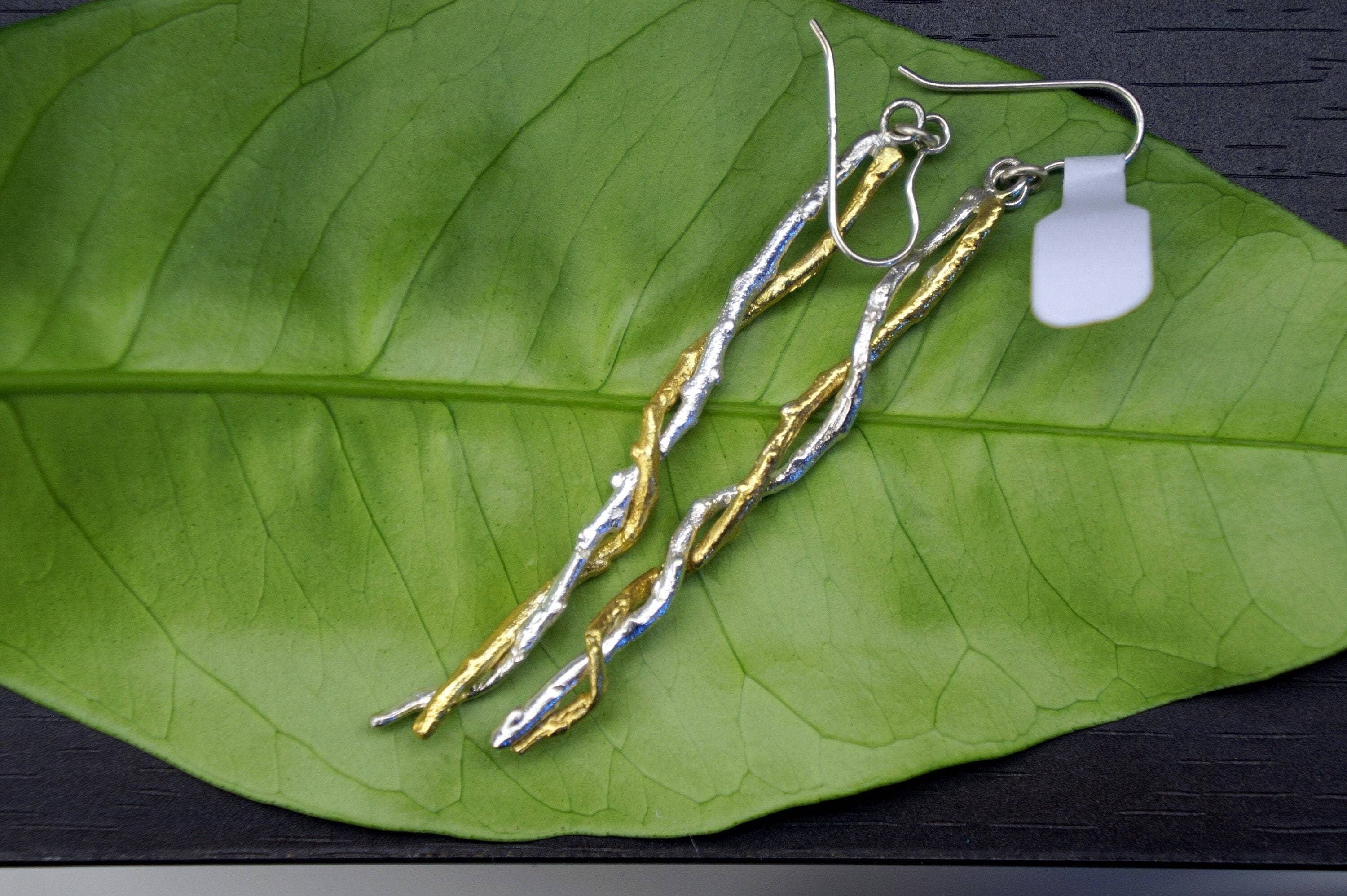 BRANCHE D'OLIVE Boucles d'oreilles en argent sterling. Long Dang bicolore