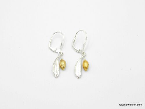 Sterling silver Dangle earrings. Tiny Olive leaf and 14 k go
