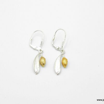 Sterling silver Dangle earrings. Tiny Olive leaf and 14 k go