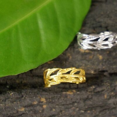 Sterling Silver REAL Araucaria leaf Rings for Women, Pressed