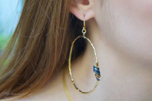 Large Hoop Olive Branch and Leaf Earrings. 14k Gold and Blac