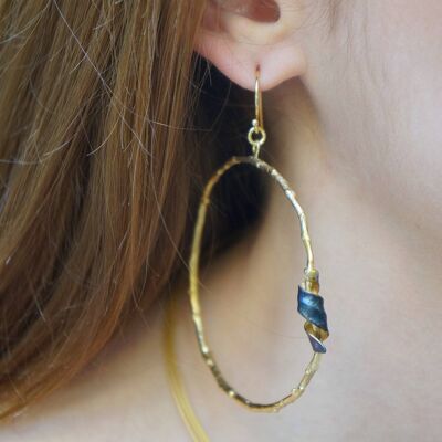 Large Hoop Olive Branch and Leaf Earrings. 14k Gold and Blac