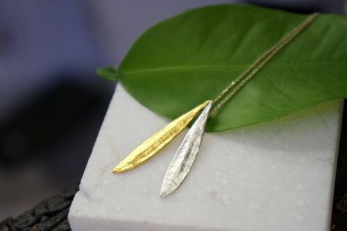 Olive tree Leaf, silver Pendant statement necklace in sterli