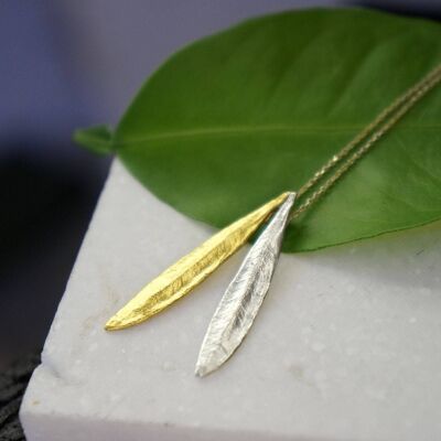Olive tree Leaf, silver Pendant statement necklace in sterli