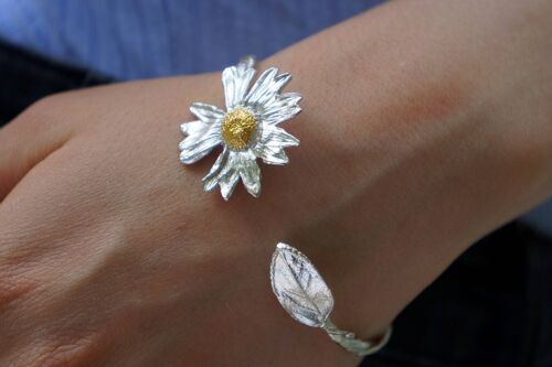Sunflower leaf sterling silver cuff bracelet, Branch or elas