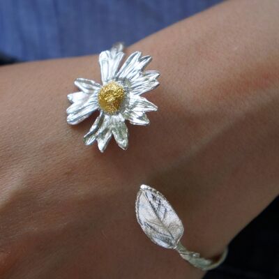 Sonnenblumenblatt Sterling Silber Manschettenarmband, Zweig oder Elas