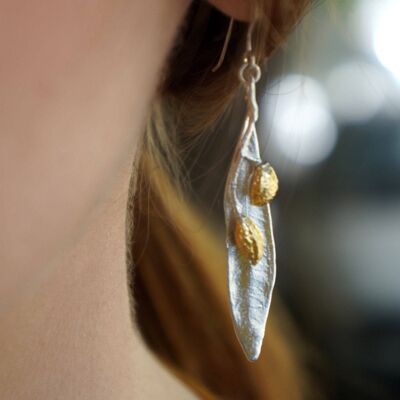 Boucles d'oreilles feuille d'olivier en argent sterling pour femmes avec de l'or OLiv