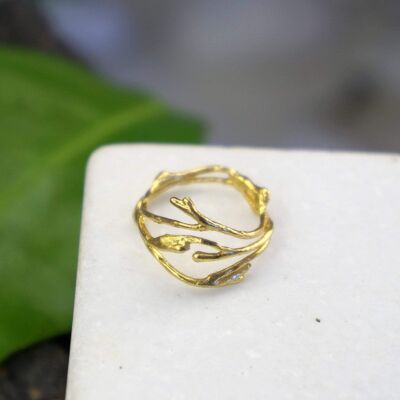 Anillo Ramita De Plata Chapada En Oro Jazmín.