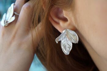 Boucles d'oreilles feuille de plante rose en argent sterling. 4