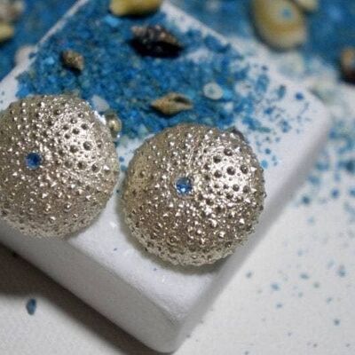 Earrings Silver Sea Urchin with Zircon Earrings , Summer