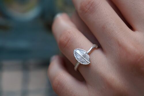 Rose twig and Leaf Ring in sterling silver.