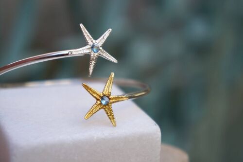 Silver Adjustable Starfish Bracelet Decorated with Blue Zirc