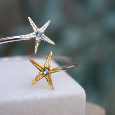 Pulsera de Plata con Estrella de Mar Ajustable Decorada con Circunvalación Azul