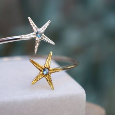 Silver Adjustable Starfish Bracelet Decorated with Blue Zirc