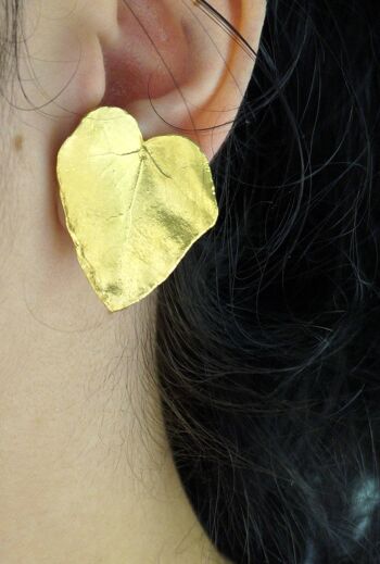 Boucles d'oreilles feuille de lierre en forme de coeur pour femmes. Or 14 carats sur argent sterling 925. 2