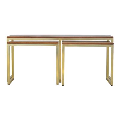IN302 - Solid Wood &amp; Iron Gold Base Table Set of 3