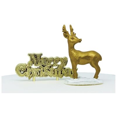 Or Stag Resin Cake Topper & Gold Merry Christmas Devise Luxury Boxed