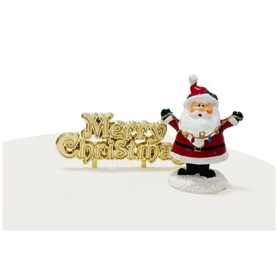 Divertido Papá Noel con decoración para tarta de resina y lema dorado de Feliz Navidad