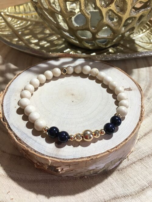 Bracelet en Pierre Fossile, Pierre de lune et hématites dorées