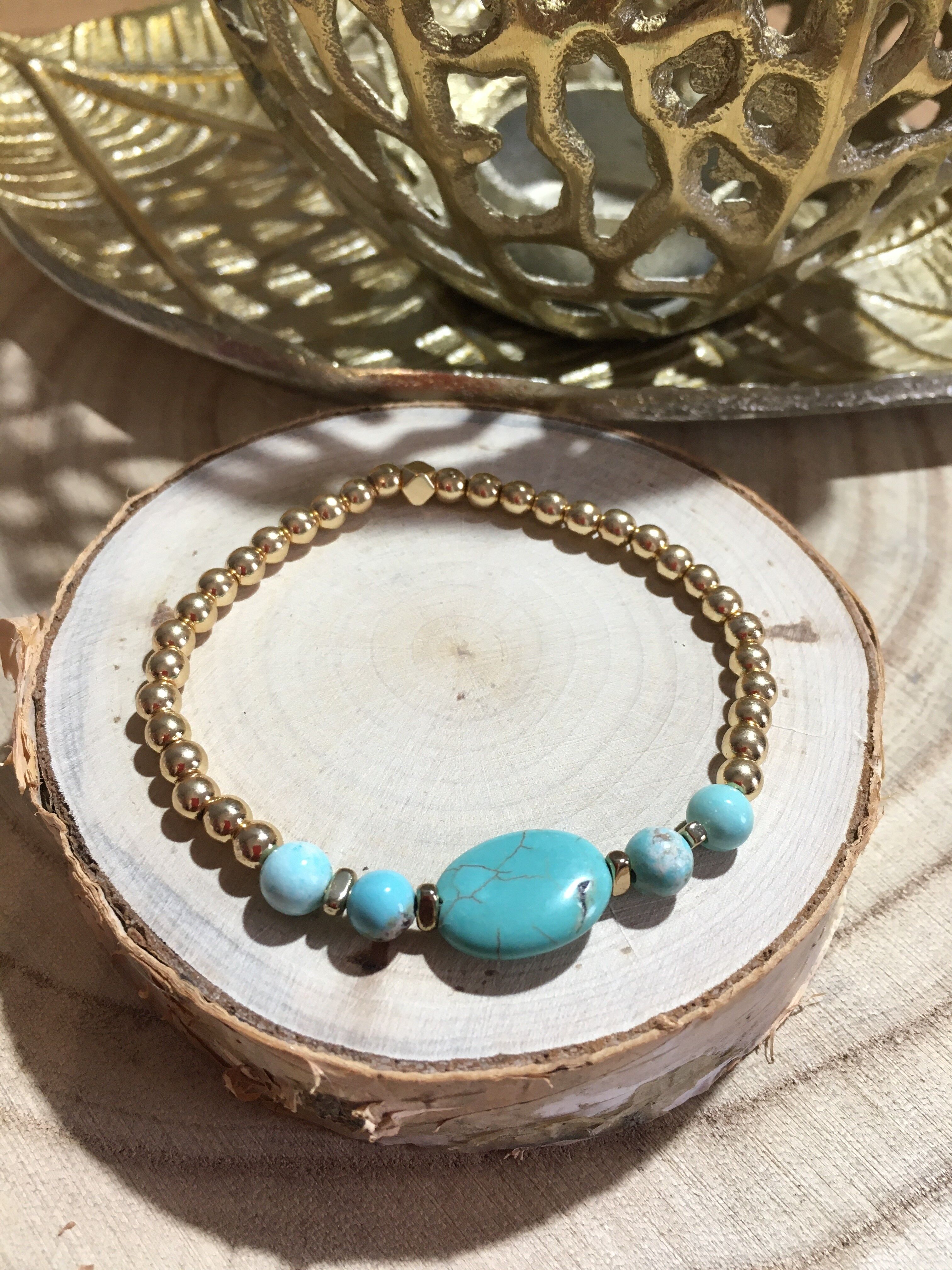 Bracciale in Pietra Turchese ed Ematiti Dorate