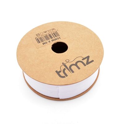 Trimz  - Poly Cotton Bias Binding 25mm x 5mtrs White - on a Biodegradeable Cardboard Reel