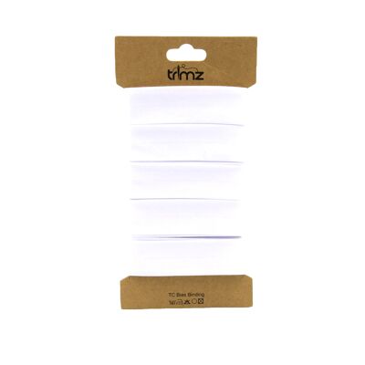 Trimz  - Poly Cotton Bias Binding 25/10/10mm x 5mtrs - White - on 5mtr 'Trimz' card