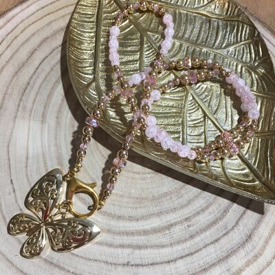Gebrochene lange Halskette aus Rosenquarzstein, goldener Hämatit und böhmischer Kristall