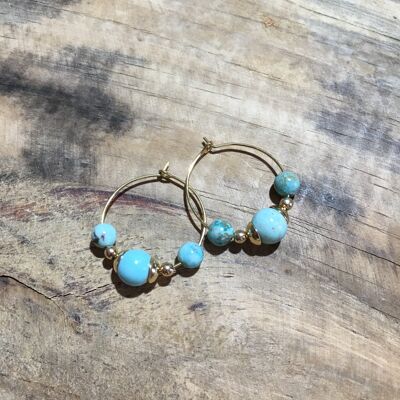 Gold-tone stainless steel and Turquoise stone hoop earrings