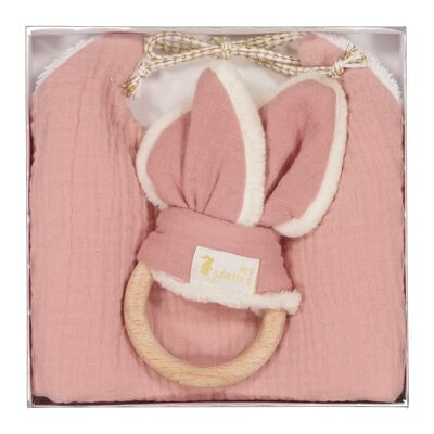 Birth box birth bib + Montessori rabbit ear teething ring - Wooden toy - Antique pink