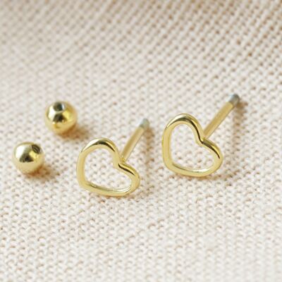 Sterling silver Heart Earrings with Ball Back (Pair) plated in 14ct Gold
