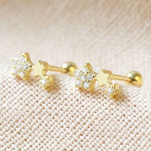Sterling silver Crystal Tiny Triple star Earrings (Pair) plated in 14ct Gold