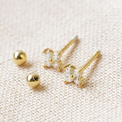 Boucles d'oreilles en cristal en argent sterling avec dos boule (paire) plaquées en or 14 carats