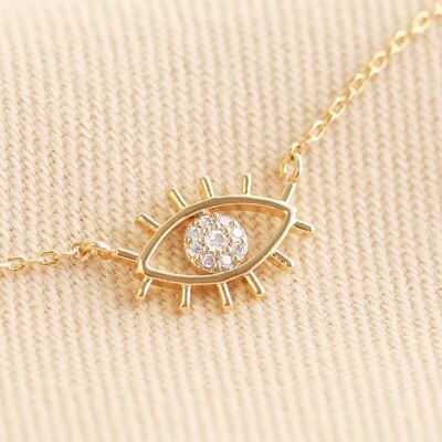 Crystal Eye with eyelashes necklace in Gold