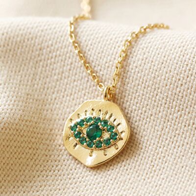 Emeraled Green Crystal Eye Necklace In Gold