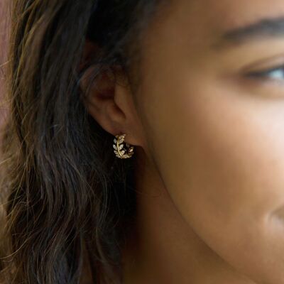 Crystal Fern Hoop Earrings in Gold