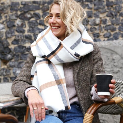 White and Beige Plaid Scarf