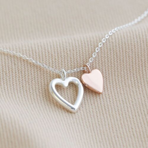 Double Heart Necklace in silver and rose Gold (Silver chain/large heart silver/small heart rose gold)