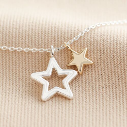 Double Star Necklace in silver and Gold (Silver chain/large star silver/small star gold)