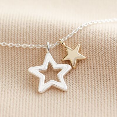 Collar de doble estrella en plata y oro (cadena de plata / estrella grande plateada / estrella pequeña dorada)