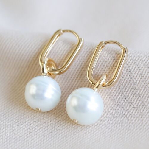 Glass Pearl Hoop Earrings in Gold