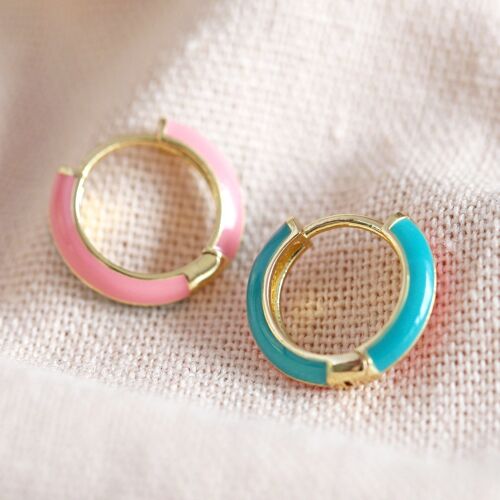 Huggie earrings in teal and pink colour plated in Gold