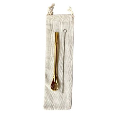 Golden Bombilla (Filter straw for Yerba Mate or loose infusions) + brush + linen bag